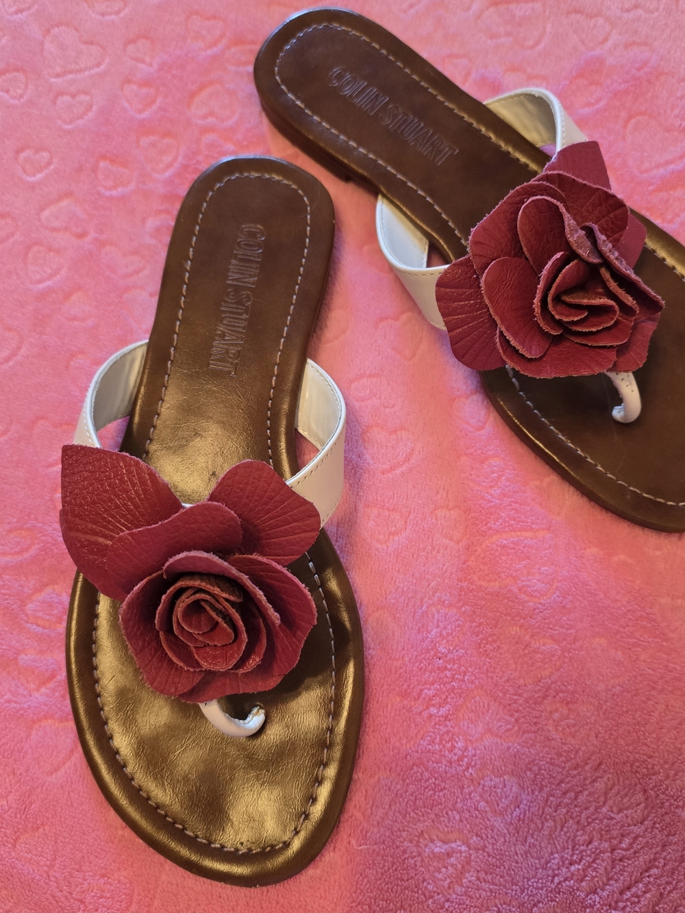 Colin Stuart White Sandal with Burgundy Flower Accent